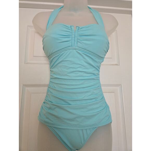 TOMMY BAHAMA PEARL SOLIDS V FRONT HALTER 1 PC SWIMSUIT POOL BLUE SZ 4 NEW! $130 - Picture 5 of 10